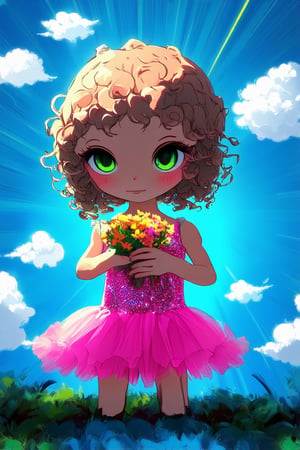 A whimsical illustration of a chibi character posed playfully on a bright blue background with fluffy white clouds and a hint of sunbeams. The subject, a young girl with curly brown hair and big green eyes, is dressed in a sparkly tutu and holding a miniature bouquet of colorful flowers. Her tiny hands are clasped together in a joyful gesture, radiating cuteness.