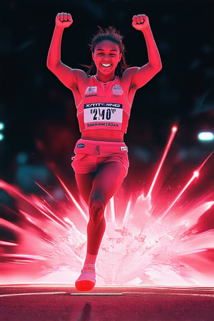 A fierce pink explosion fills the frame as a determined athlete bursts through the finish line, arms raised in triumph. Vibrant pink hues engulf her sweaty face and rippling muscles, contrasting with the dark track behind her. The camera captures a dynamic low-angle shot, emphasizing her powerful stance and unbridled energy.