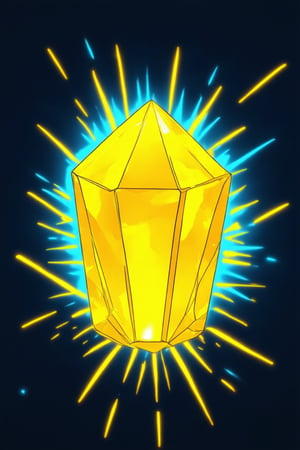 A close-up shot of a bright yellow Solak crystal, radiant with an intense vibrancy, set against a dark blue background. The crystal's facets glimmer like tiny suns, casting a warm glow on the surrounding space. Lighting is dramatic, with a single spotlight highlighting its vibrant hue. Composition emphasizes the crystal's central axis, drawing attention to its mesmerizing color.