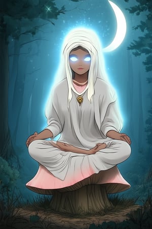 A whimsical portrait of a mystical mama: Amidst a misty forest glade, she sits cross-legged on a toadstool throne, her eyes aglow with an otherworldly wisdom. A crescent moon casts an ethereal glow on her serene features, as if the very essence of magic has taken residence within her gentle smile.