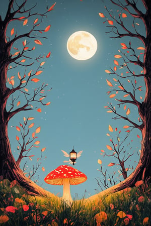 A whimsical scene unfolds in a vibrant flat art style. A delicate, glowing moon hangs low in the sky, casting an ethereal light upon a mystical forest. Trees with lantern-like branches and leaves shimmering like jewels stretch towards the celestial body. In the foreground, a mischievous sprite perches on a mushroom, its wings a blur as it prepares to take flight.