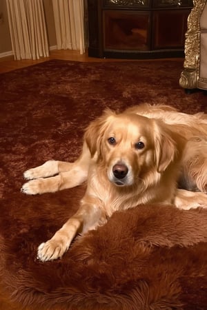 A majestic golden retriever lounges on a plush, velvety carpet in a sumptuous living room, surrounded by opulent furnishings and soft, warm lighting. The camera frames the shot from above, capturing the dog's regal pose as it stretches out its paws and relaxes amidst the luxurious atmosphere.