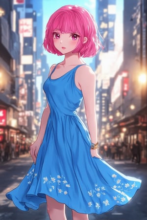 A teenage girl with bright pink hair styled in a messy bob, stands confidently in a bold anime-inspired pose, her feet shoulder-width apart and knees slightly bent. She wears a vibrant blue dress with white flowers embroidered along the hem, its flowing skirt swirling around her ankles. Soft golden lighting casts a warm glow on her determined expression, with a hint of mischief in her eyes. A cityscape background featuring neon-lit skyscrapers and bustling streets provides a dynamic contrast to her tranquil yet empowered stance.