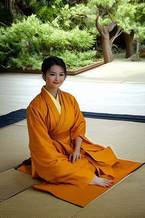 A vibrant yellow Hakama robe drapes elegantly across a serene traditional Japanese setting, soft warm lighting casting gentle shadows on the intricately designed fabric. The wearer's subtle smile and poised posture exude confidence and calmness, as they sit cross-legged on a tatami mat, surrounded by the soothing ambiance of a tranquil garden.