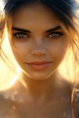 A young woman's face, lit by a warm golden light, fills the frame with an intense emotional expression. Her eyes blaze with determination, her eyebrows furrowed in concentration. A subtle smile plays on her lips, conveying a sense of quiet power and authority.