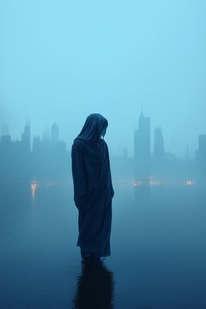 A hauntingly beautiful depiction of a somber evening, captured in a dark blue hue. A lone figure stands at the edge of a misty lake, shrouded in shadows. The only light comes from the distant cityscape, casting a warm glow on the subject's solemn face. The composition is stark and minimalist, with the dark blue background drawing focus to the figure's contemplative pose.