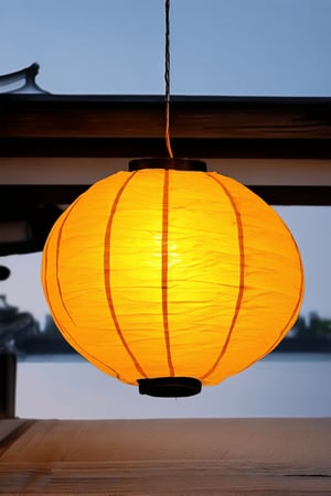 A vibrant yellow Hakame (Japanese lantern) suspended from a rustic wooden beam, casting a warm glow on the surrounding tatami mats and traditional Japanese architecture. The soft light highlights the delicate paper lantern's intricate designs, as it gently sways in the evening breeze.