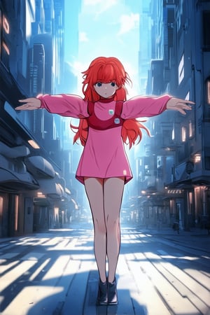 Girl in a futuristic cityscape, legs spread wide in an anime-inspired stance, arms outstretched and palms facing forward, with neon-lit skyscrapers and bustling streets reflected in her bold red hair. Soft focus background, bright sunlight casting long shadows.