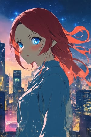 A vibrant, digitally painted scene featuring a stunning anime-inspired artwork. A young woman with striking features and flowing locks stands confidently in front of a stylized, neon-lit cityscape at sunset. Her eyes gleam bright like stars as she gazes out into the distance. The MixStyle aesthetic blends traditional Japanese animation elements with modern digital flair, creating a captivating fusion of styles.