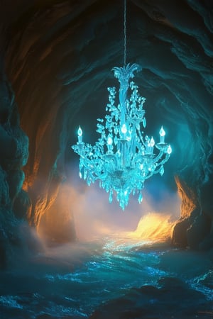 In a mystical cavern, a cluster of glowing crystals suspended from the ceiling like ethereal chandeliers, emitting a soft blue luminescence that casts an otherworldly glow on the surrounding walls. The air is filled with an iridescent mist, as if the crystals are exhaling a gentle stream of magic.