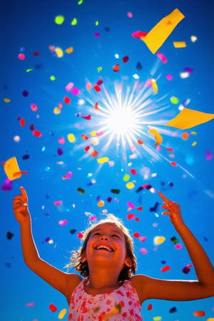 A vibrant effect! Describe a scene where a burst of colorful confetti explodes in mid-air, surrounded by a warm sunlight. A smiling child's joyful hands release the fluttering papers, creating a whimsical dance of colors against a bright blue sky. The camera captures the moment from a low angle, looking up at the swirling vortex of hues, with the sun shining down, casting a warm glow over the entire scene.