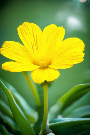 A stunning close-up shot of a Solak's bright yellow petals, illuminated by warm sunlight casting a soft glow on the delicate ridges. The vibrant color explodes against a serene green leafy background, creating a striking contrast. The Solak's slender stem rises gently from the earth, its intricate details accentuated by the shallow depth of field.