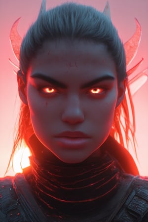 A close-up shot of a warrior's face, her fierce expression illuminated by a warm pink glow emanating from the setting sun behind her. Her eyes blaze with determination as she gazes straight into the camera, her lips curled into a defiant smile. The surrounding environment is bathed in a soft pink hue, emphasizing her fiery personality.