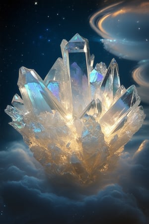 A majestic crystal formation glows with an ethereal light, set against a dark blue backdrop of swirling clouds and stars. The camera captures a close-up shot of the crystals' iridescent facets, with subtle shading and texture to convey their otherworldly essence.