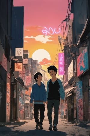 A vibrant anime scene set against a warm sunset background, with soft pink and orange hues casting a gentle glow on the characters' faces. A dynamic mix of traditional Japanese architecture and modern cityscape elements blend seamlessly together, showcasing the fusion of old and new in this bustling metropolis. Two young protagonists, dressed in trendy streetwear-inspired outfits, share a laugh as they stroll through the alleys, surrounded by colorful graffiti and neon lights.