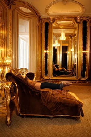 A lavish interior setting with opulent furnishings and rich textures. Soft golden light illuminates a plush velvet couch, where a regal-looking individual reclines in a pose of ultimate relaxation, surrounded by ornate mirrors and sparkling crystal chandeliers. The atmosphere exudes decadence and extravagance.