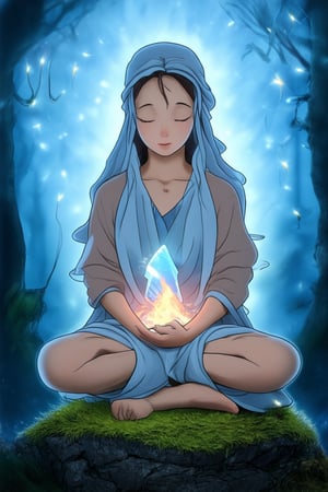 A mystical mama sits cross-legged on a moss-covered stone, surrounded by wispy fog and twinkling fireflies. Her eyes gleam with ancient wisdom as she cradles a glowing crystal in her lap, illuminating the misty atmosphere. The soft glow of the crystal casts an ethereal light on her serene face, highlighting the gentle curves of her smile.