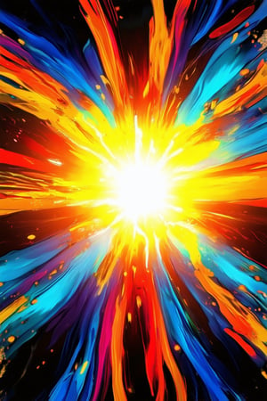 A vibrant burst of colorful energy explodes across the frame as a bright yellow sun sets behind a kaleidoscope of abstract shapes, swirling in a mesmerizing dance of light and color. The bold brushstrokes seem to pulse with an inner radiance, as if infused with the essence of joy and creativity.