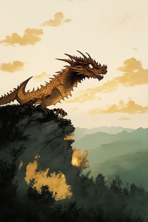 A whimsical animated scene: A fantastical dragon, reminiscent of 'Dragon's Lair', perches atop a mystical mountain range at sunset. The dragon's scales glimmer with an otherworldly sheen as it gazes out upon a lush, green valley below, where a medieval castle and rolling hills meet the horizon. Soft, golden light casts long shadows across the rocky terrain, while wispy clouds drift lazily by.