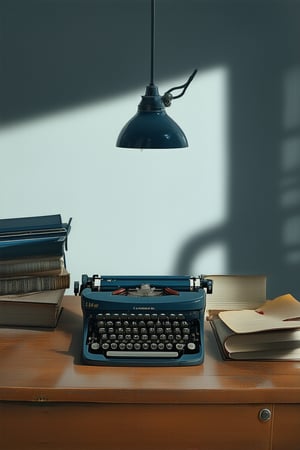 A somber, dark blue-toned realism captures a still life arrangement of vintage typewriters and old books on a worn wooden table. The room is dimly lit by a single flickering lamp, casting long shadows across the walls. A hint of dust settles on the objects, evoking a sense of nostalgia.