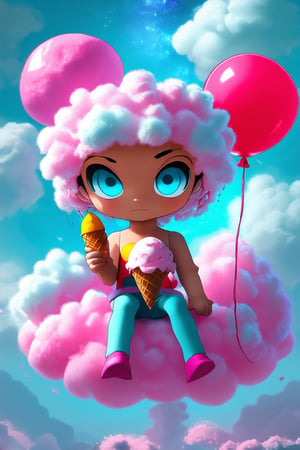 A whimsical chibi character sits perched on a vibrant pink cloud, surrounded by fluffy white puffs and wispy strands of cotton candy. The tiny hero's bright blue eyes sparkle with excitement as they hold a miniature ice cream cone in one hand and a shiny red balloon in the other. Soft pastel hues and gentle lighting create a dreamy atmosphere.