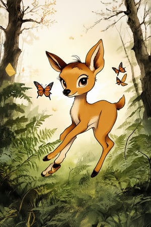 Render a nostalgic scene reminiscent of Don Bluth's classic animation style: a whimsical forest glade, late afternoon sunlight casting warm golden hues on ancient trees and lush foliage. A curious young fawn with oversized ears and expressive eyes frolics in the center, surrounded by fluttering butterflies and wispy ferns.