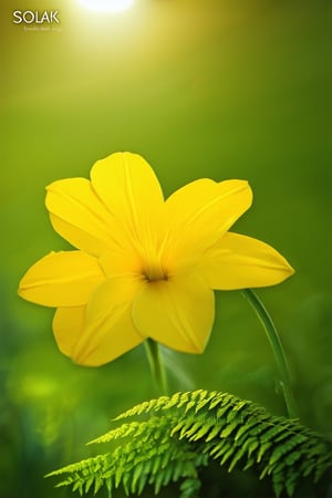 A close-up shot of Solak's bright yellow petals, illuminated by warm sunlight filtering through delicate ferns. The vibrant color pops against a soft green background, with gentle curves framing the subject. Soft focus and shallow depth of field accentuate the texture and intricate details.