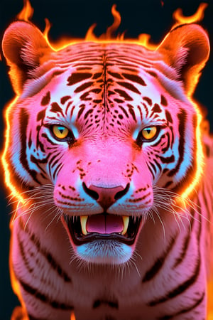 A close-up shot of a fiery pink tiger's face, its eyes blazing with intensity as it lets out a mighty roar. The hot pink hue dominates the frame, with subtle highlights of orange and magenta adding depth to the fur. The subject's fierce expression is illuminated by a warm golden light, casting no shadows.