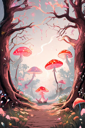 A whimsical illustration of a mystical realm within flat art style: soft focus on an enchanted forest, where glowing mushrooms and swirling vines dance across the floor. A gentle fog wraps around ancient trees, their gnarled branches tangled with sparkling crystals. In the distance, a shimmering portal beckons, as a curious fairy perches upon a toadstool throne.