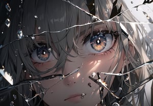 1girl, solo, looking at viewer, bangs, hair between eyes, closed mouth, grey hair, grey eyes, portrait, close-up, reflection, water drop, glass, broken glass, eye focus