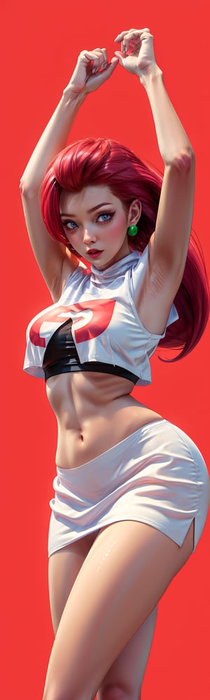 ((masterpiece, best quality)), jessie, pokemon,white top with red letter R, white skirt, pikachu background,perfect hands,sexy,curvy body,detailed face,perfect eyes,sleeveless_shirt, arms up, exposing armpits,light background,mix of fantasy and realistic elements,vibrant manga,uhd picture , crystal translucency, vibrant artwork,jessie\(pokemon\)