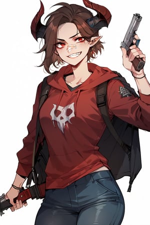 (score_9, score_8_up), score_7_up, 1girl, brown hair, pointy hair, hair horns, wearing red hoodies, bandage on face, blue jeans, holding weapon, gun, pistol, holding pistol, evil smile, standing, simple background, white background, Expressiveh,better_hands,ratatatat74 artstyle