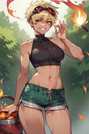 score_9, score_8_up, score_7_up, score_9, score_8_up, score_7_up, 1girl, clothed female, shiny skin, in a garden, athletic body, messy, Perfect Hands,looking at viewer, solarflare, solo, short hair, blonde hair, black top, purple eyes, clothing cutout, goggles, freckles, midriff, red goggles on head, green shorts, tanned skin, tomboy, smile, standing, hand up, flame on hand, fire, magic, ratatatat74