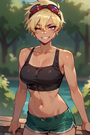 score_9, score_8_up, score_7_up, score_9, score_8_up, score_7_up, 1girl, clothed female, shiny skin, in a garden, athletic body, messy, Perfect Hands,looking at viewer, solarflare, solo, short hair, blonde hair, black top, purple eyes, clothing cutout, goggles, freckles, midriff, red goggles on head, green shorts, tanned skin, tomboy, smile, standing, winking, ratatatat74