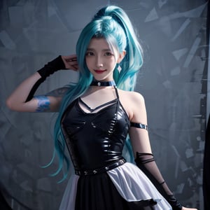 1 girl,adorable, smiling, seraphine, solo, blue hair, k/da \(league of legends\), very long hair, multicolored hair, jewelry, ponytail, blue eyes, earrings, dress, black choker, two-tone hair, purple hair, black thighhighs, bracelet, black skirt,seraphine1, beautiful face, v-line, arm up, exposing armpit,,<lora:659111690174031528:1.0>