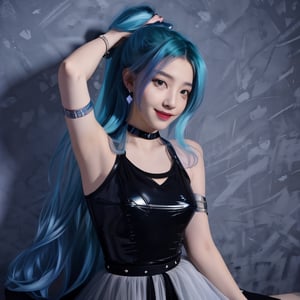 1 girl,adorable, smiling, seraphine, solo, blue hair, k/da \(league of legends\), very long hair, multicolored hair, jewelry, ponytail, blue eyes, earrings, dress, black choker, two-tone hair, purple hair, black thighhighs, bracelet, black skirt,seraphine1, beautiful face, v-line, arm up, exposing armpit,,<lora:659111690174031528:1.0>