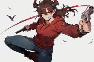 (score_9, score_8_up), score_7_up, 1girl, brown hair, pointy hair, hair similar to horns, bangs, hair between eyes, wearing red hoodies, bandage on face, blue jeans, holding weapon, gun, pistol, holding pistol, evil smile, standing, simple background, white background, Expressiveh,better_hands,ratatatat74 artstyle