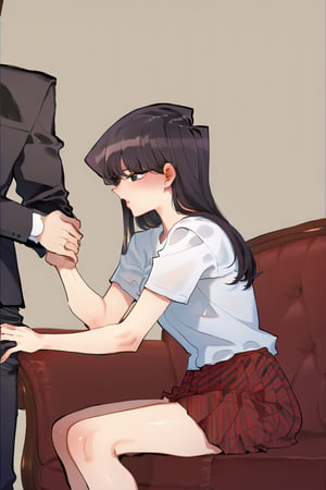 score_9, score_8_up,ratatatat74 artstyle,1girl,(young,pale skin,medium breasts:1.1),Komi shouko,Black hair, black eyes, long hair, bangs,sitting on a chair, view from side, looking at black male, 1boy, muscular boy, black skin male, boy standing next to girl, no face male