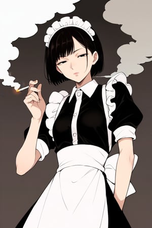 score_9,score_8_up,score_7_up, source_anime, terasu_mc, style, 1girl, short black hair, bob cut, black eyes, looking at viewer, half closed eyes, wearing maid outfit, apron, maid headwear, rolled up sleeves, smoke, lips, holding cigarette, 