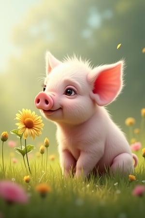 A cute chubby little piglet sniffing a flower in a meadow. Adorable, cute, funny. realistic, higly detailed, cinematic, 