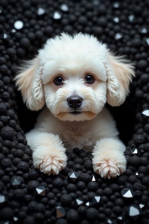 A cute face of a snow-white curly poodle looks out from the huge pile of black diamonds. The poodle is a small and cute puppy. The fur of the funny poodle is very curly. A top view of the poodle in endless black diamonds. The paws of the funny poodle lie on black diamonds. Adorable, cute, funny. realism, digital art, close-up, vivid colors, photograph.