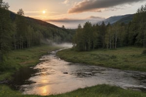 masterpiece, vivid colors, high quality, RAW photo, rural, Norway, nature, wild, evening, river, forest, sunset, grass, clouds, landscape, scenery, sun, fog, realistic, summer,