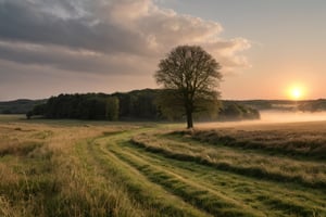 masterpiece, vivid colors, high quality, RAW photo, rural, England, nature, wild, evening, river, forest, pink sunset, grass, clouds, landscape, scenery, sun, fog,