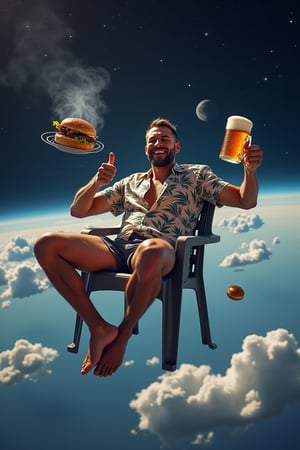 A man in shorts and a Hawaiian shirt is drifting in outer space sitting on a plastic chair. A mug of beer, a barbecue grill, and a burger are drifting next to the man. The man is showing a thumbs up. The background is space clouds and stars.. Photograph, realistic, higly detailed, atmospheric perspective, vivid colors.