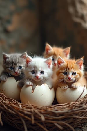 The heads of several cute kittens are peeking out of huge cracked eggs from which they have just hatched. All the kittens are different colors. The kittens are cute, fluffy and funny. The background is a huge bird's nest. Adorable, cute, funny. Photograph, realistic, higly detailed, atmospheric perspective