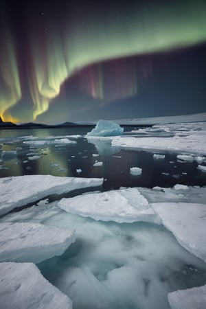 masterpiece, best quality, vivid colors, high quality, RAW photo, northern, Arctic, dream nature, primeval wild, night time, picturesque icebergs, aurora, winter ocean, bright stars, beautiful sky, desolate landscape, colorful scenery, realistic, epic atmosphere, ice floes, dark, vignette,