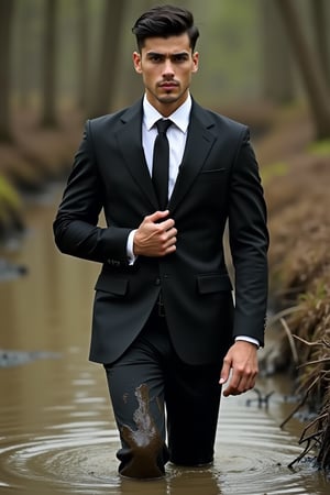 A young man in a classic black suit comes out of a swamp. The man is dressed in a black jacket, black pants, a white shirt, a black tie. The man looks at the camera with a seductive look. The man adjusts his tie with his hand. The man has short black hair, an attractive face with short stubble, a fit figure. The man's legs up to his knees are in the muddy water of the swamp mud. The man's pants are stained with mud. The image is filled with vibrant colors. Photograph, realistic, higly detailed, atmospheric perspective, Depth of field 100mm.