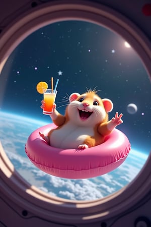 View through the porthole of a space station. In outer space, a funny fat hamster flies past the porthole of a space station in a pink inflatable ring. A fat funny hamster lies on an inflatable pink ring, drinks a cocktail and shows the peace sign to the camera. The hamster has a satisfied smile. In the background are space stars. Adorable, cute, funny. realistic, higly detailed, cinematic, cartoonish atmosphere