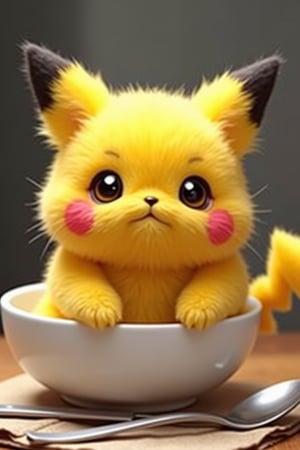 Yellow fluffy cute cat, painted like Pikachu. The chubby funny cat has yellow fur and pink cheeks. The cute fluffy cat has black ear tips and a black tail tip. Chubby funny cat sits in deep white bowl. Fork and spoon lie on napkin nearby. Adorable, cute, funny. realistic, higly detailed, cinematic, cartoonish atmosphere