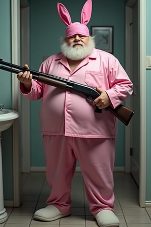 Old chubby man with a beard stands in pink pajamas. White slippers with rabbit ears on the man's feet. On the man's head is a pink sleep mask raised to his forehead. In the hands of the man is a cool shotgun. Bathroom background. Realistic, higly detailed, vivid colors, dim lighting.